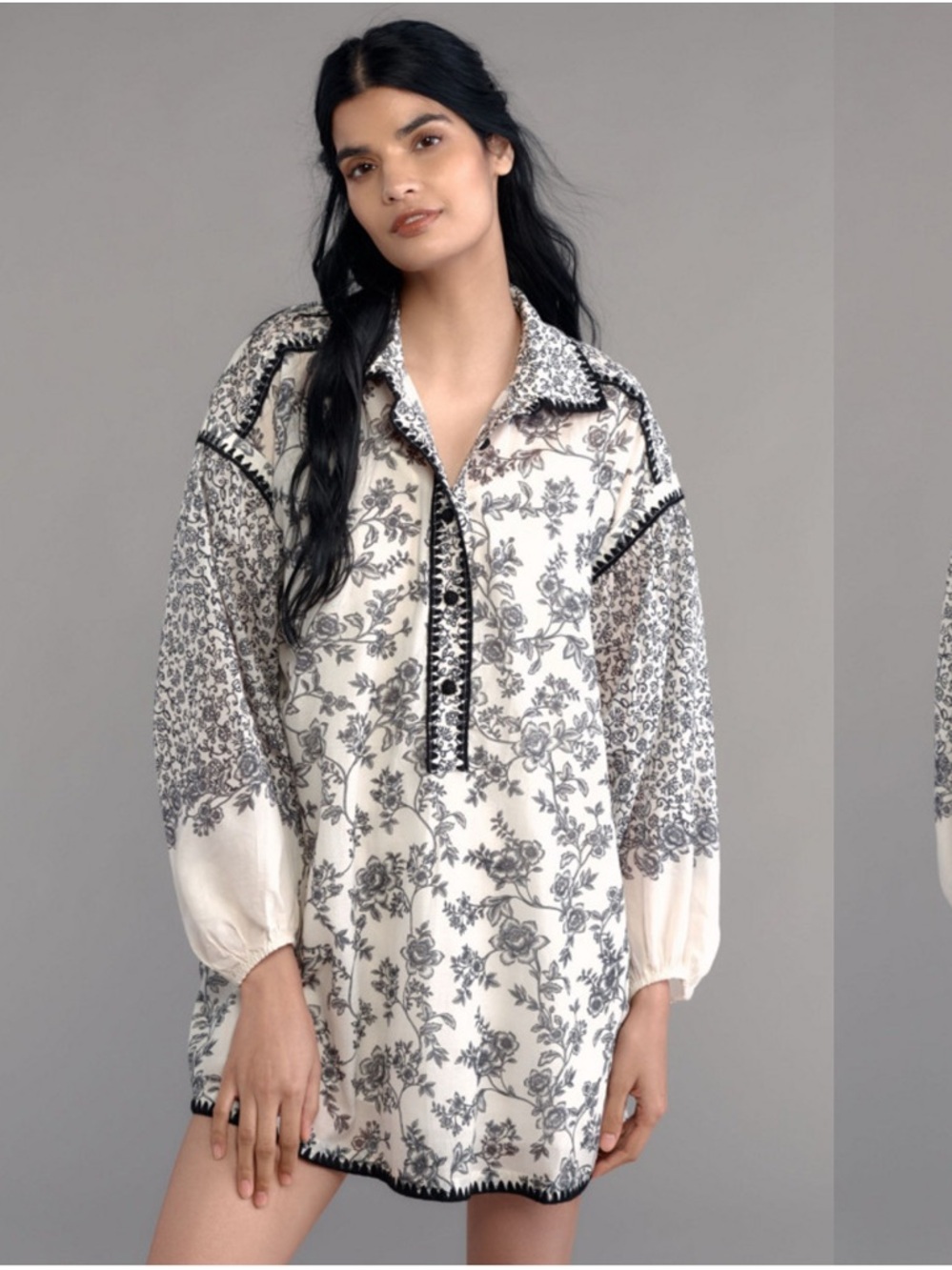 Anthropologie Black and Cream Floral Button-Front Tunic